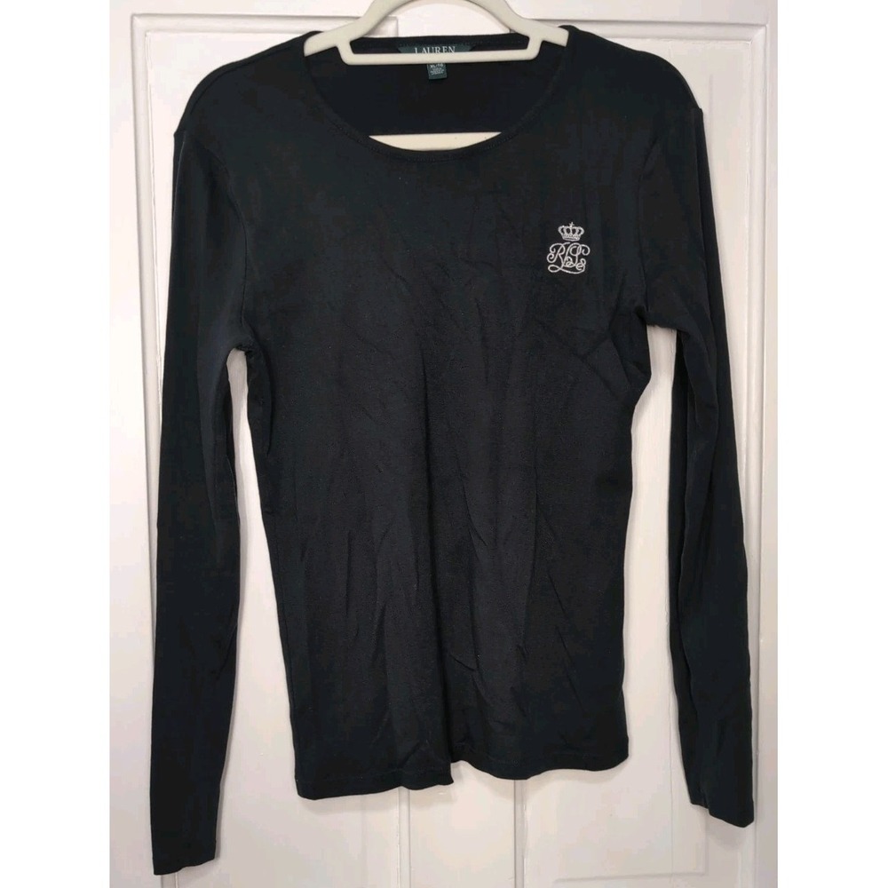 Lauren Ralph Lauren Classic Long Sleeve T Shirt Black Embroidered Women XL(1271)